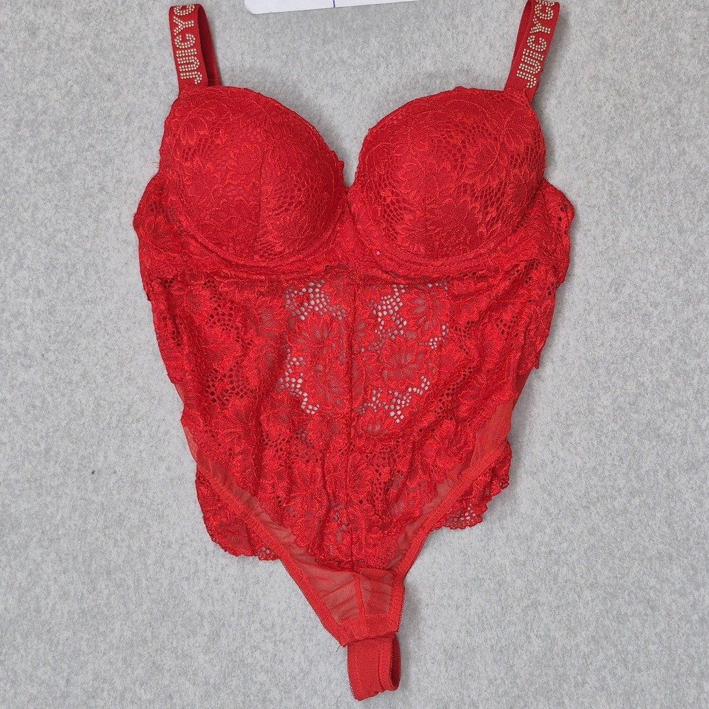 Juicy Couture Women Sleepwear XL Red Floral Intimates Rhinestone Underwired Lace